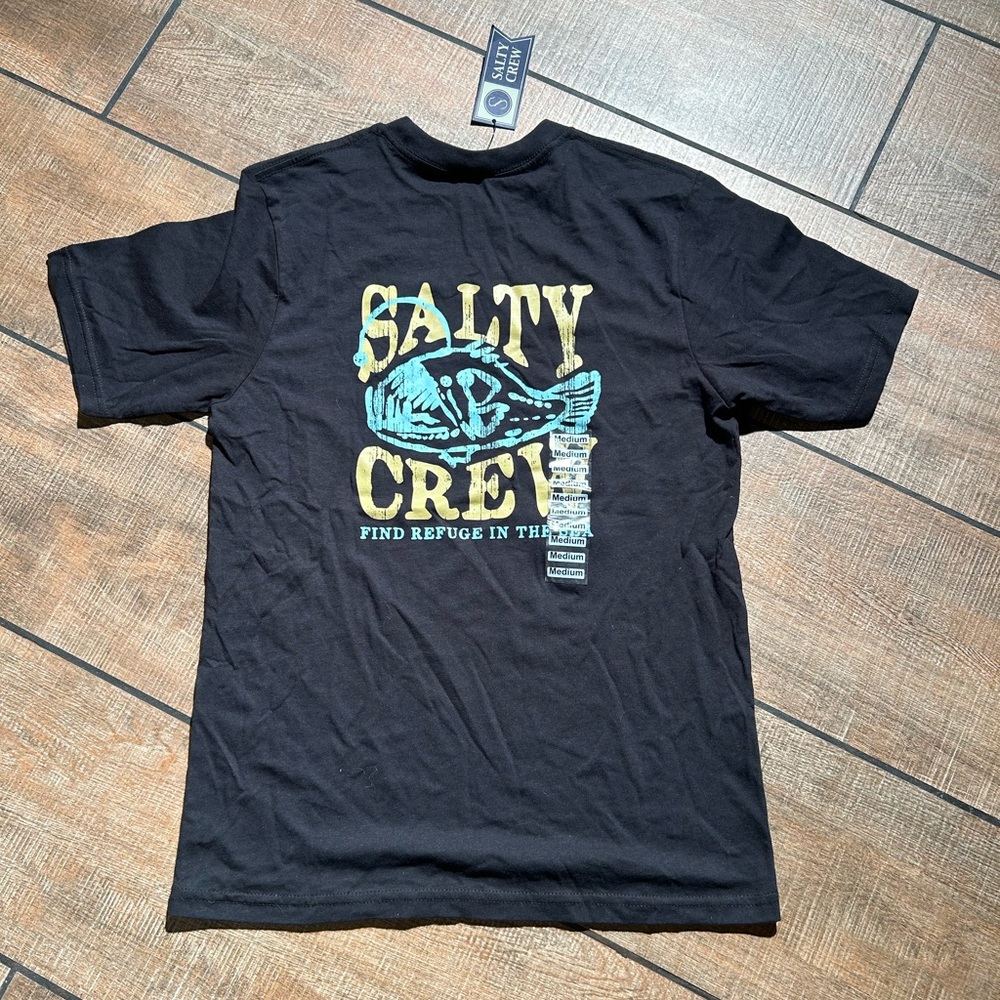 Salty Crew Boys Black Graphic Tee - Yellow & Teal Fish Print Sz M BNWT